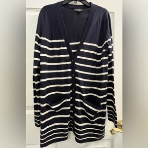 Banana Republic Navy and White Striped 100% Merino Wool Cardigan